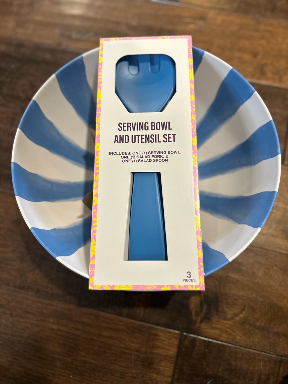 Striped Blue Ceramic Serving Bowl with Blue Utensil Set